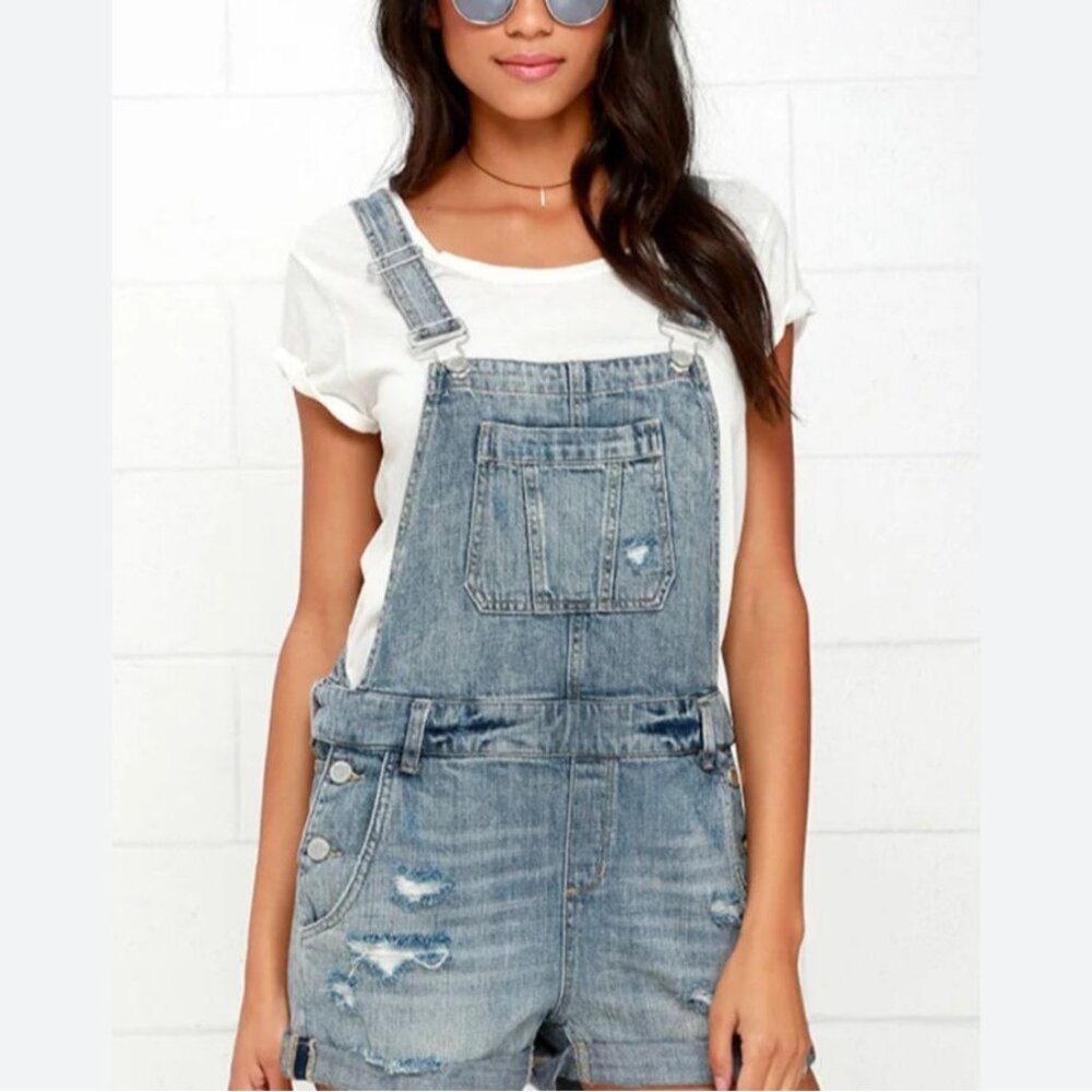 Blank NYC Distressed Denim Short Overalls With Front Pocket